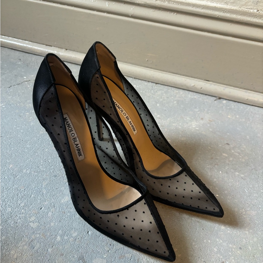 Manolo Blahnik Black Sheer Polka Dot Pointed-Toe Pumps